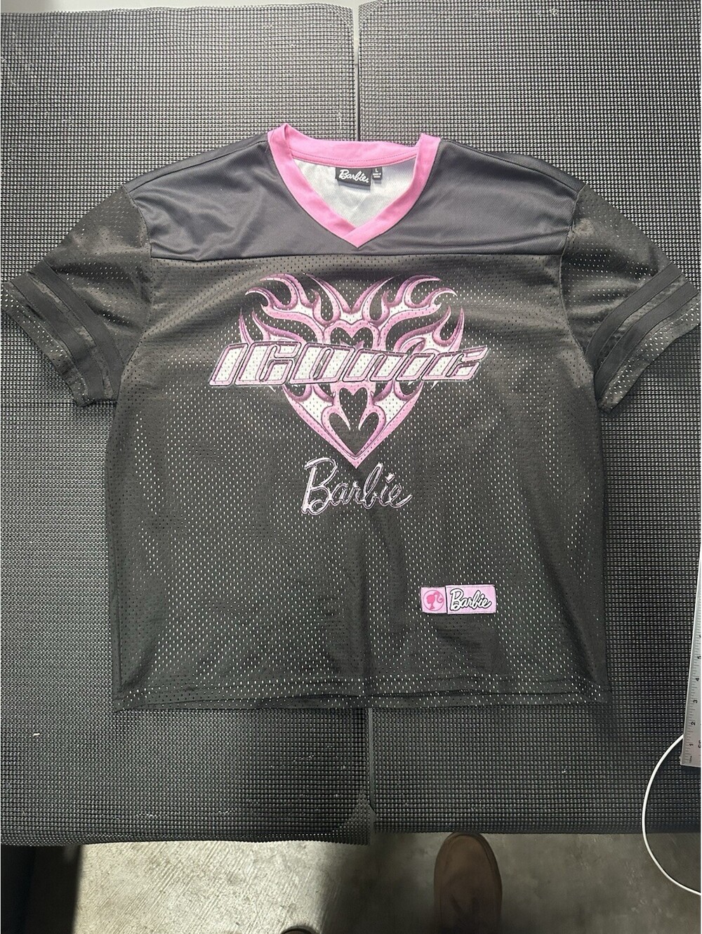 Y2K Barbie Iconic Mesh Jersey Top Pink Black McBling Cyber Scene L